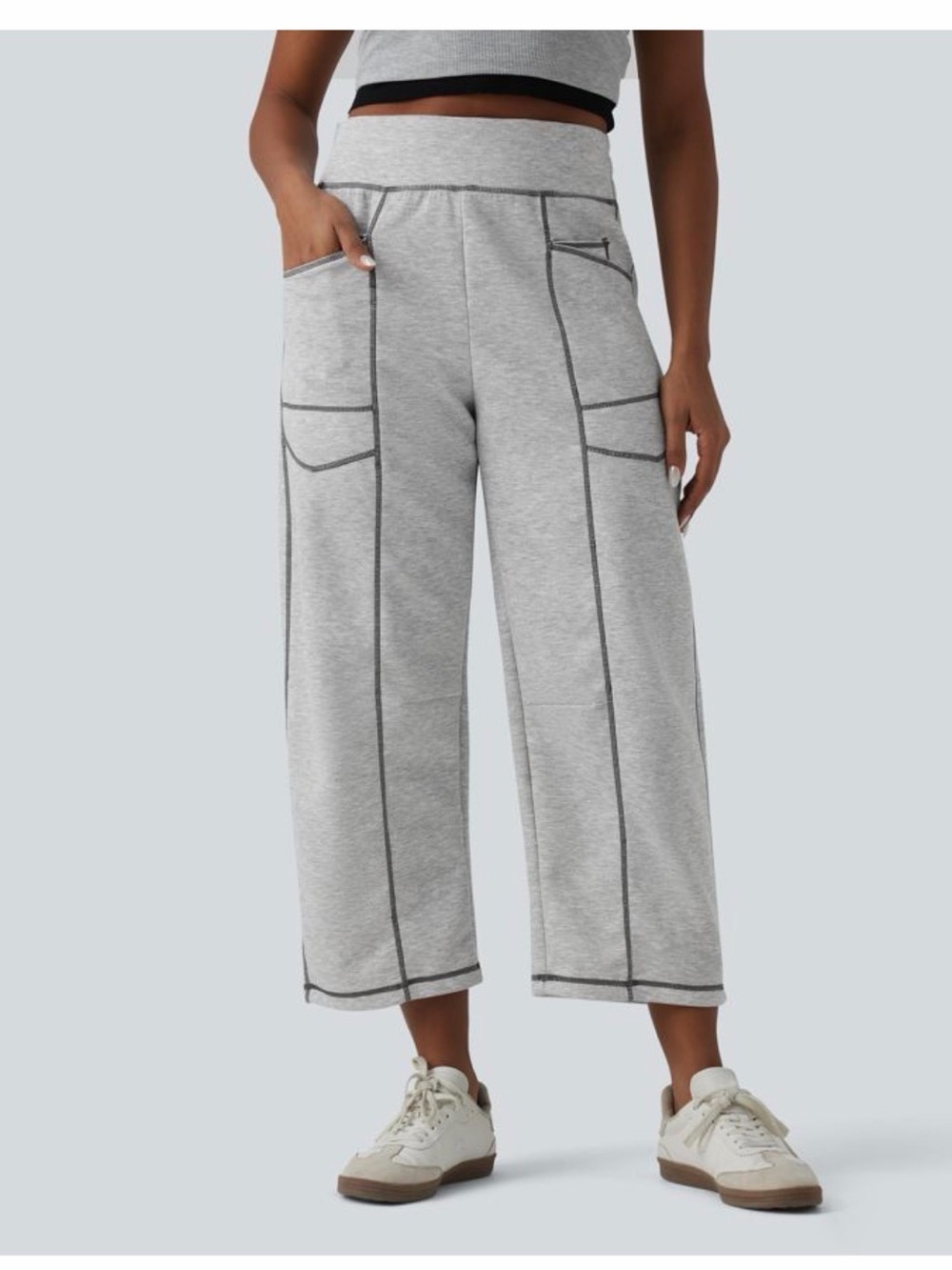 Halara NWT High Waisted Color Block Top Stitching Barrel Leg Sweats w/ Pockets
